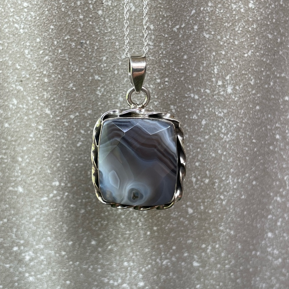Genuine Botswana Agate  Necklace, Sterling Silver, 20 inch chain